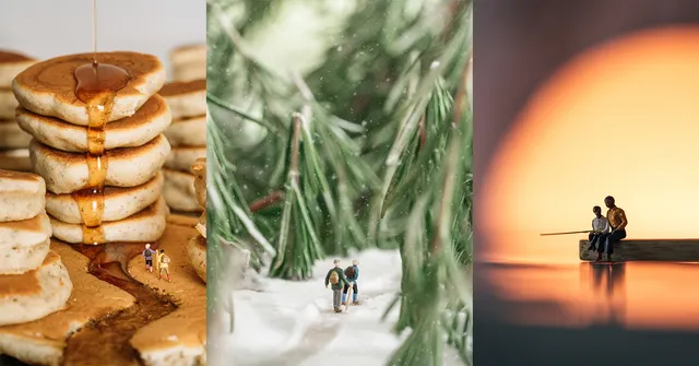 A whimsical collage featuring: a stack of pancakes with miniature people, two tiny figures walking through snow with pine branches overhead, and a…