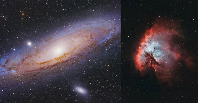A bright spiral galaxy with a glowing core is shown on the left, surrounded by stars and smaller galaxies. On the right, a colorful nebula displays red,…
