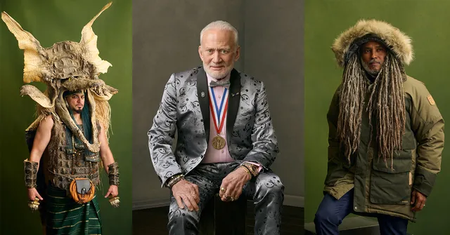 Three men pose against green backgrounds: one wears an elaborate horned costume with armor, another sits in a patterned silver suit with medals, and the…