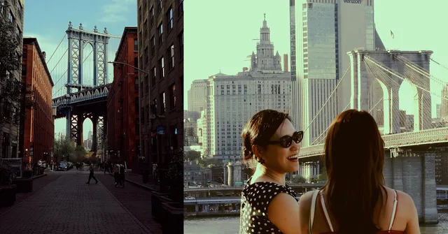 Split image: On the left, a view of the Manhattan Bridge framed by red brick buildings. On the right, two women face the Brooklyn Bridge and city…
