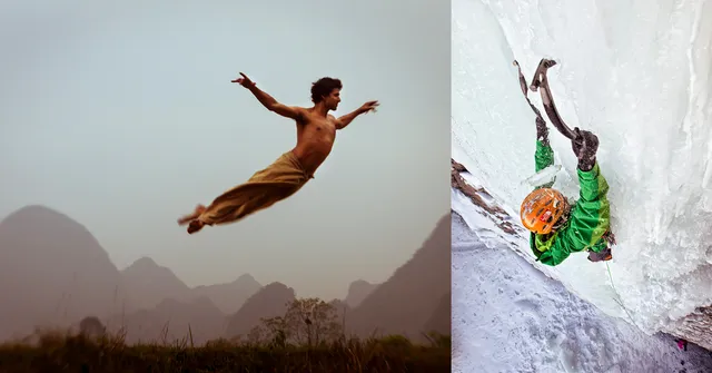 Split image: On the left, a shirtless man in loose pants leaps high in the air against misty mountains. On the right, an ice climber in green scales a…
