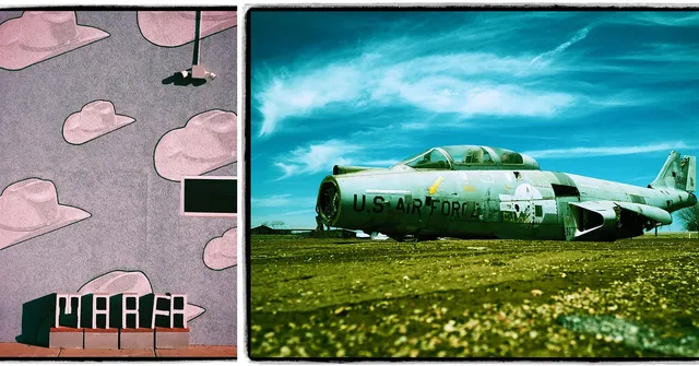Left: A wall decorated with cowboy hat shapes, a window, and a row of chairs. Right: An abandoned, weathered U.S. Air Force jet resting on the ground…
