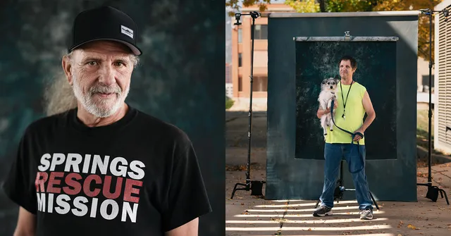 Split-screen image: Left side shows an older man in a "Springs Rescue Mission" t-shirt and cap, smiling at the camera. Right side shows a man in a yellow…